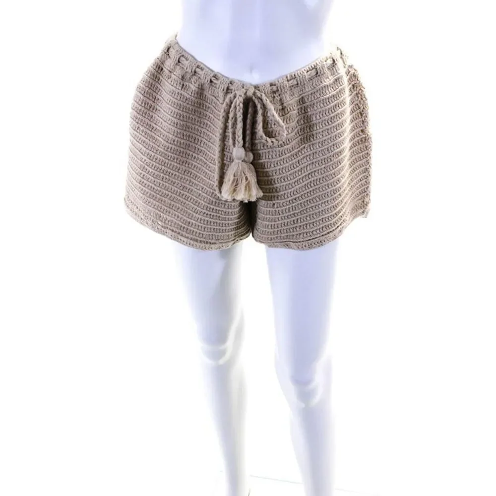 Akoia Swim Womens Drawstring Crochet Knit Short Shorts Beige Size Large